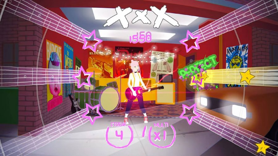 Loud review: A female character plays guitar while six seperate tracks are visible with stars moving towards the centre