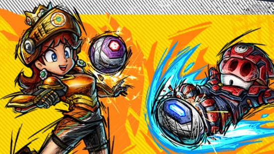 Art for Mario Strikers Battle League update featuring Daisy on the left and Shy guy on the right. They are in a stylised art style with movement lines and fiery effects around them. Daisy is a ginger woman with earings, big eyes, and a yellow football outfit, and a ball just by her head. Shy guy is a strange little guy with a red football outfit on, a red mask, and a football right underneath his feet like he's doing a flying kick.