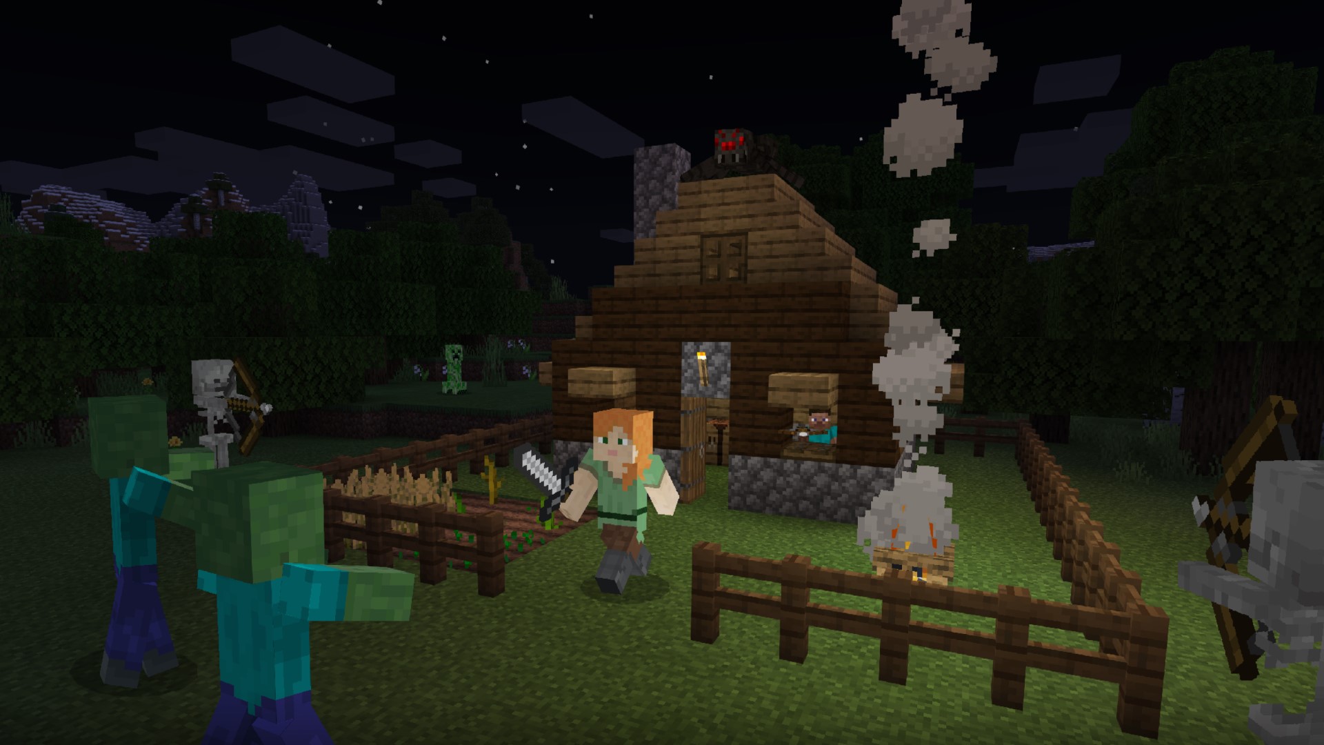 Minecraft download - an avatar leaving a picket fence house to go into the night and fight zombies outside the house