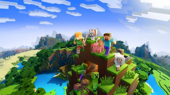 Minecraft download - Minecraft characters annd farm animals stood on top of a grassy mountain look out across ponds and a cloudy sky
