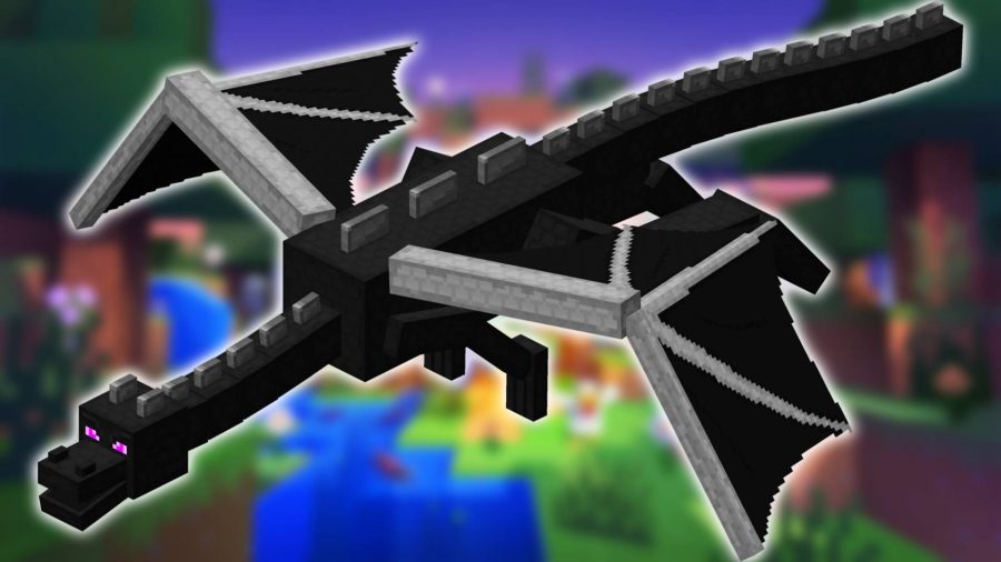 Minecraft Ender Dragon: the background is a sscreenshot of the game Minecraft, while the foreground shows a large black dragon made out of Minecraft blocks