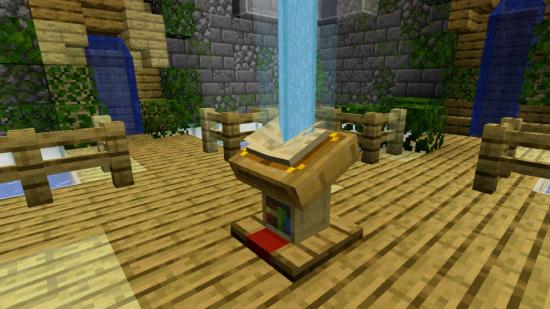 Minecraft lectern: a screenshot from the game Minecraft shows a lectern on a wooded floor