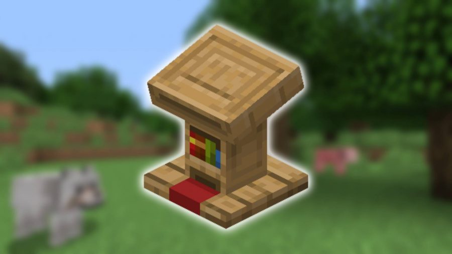 Minecraft lectern: a static image of a Minecraft lectern is shown over a screenshot of Minecraft