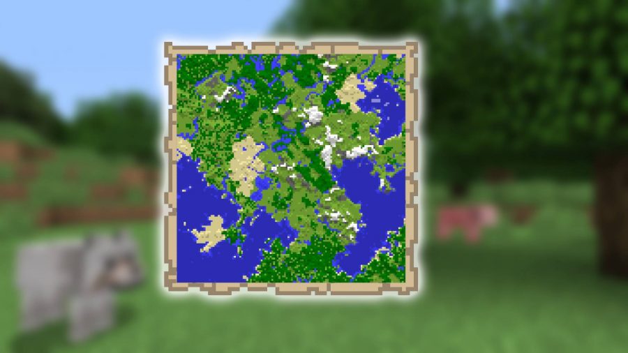 Minecraft maps: a static image of a Minecraft map is shown over a screenshot of Minecraft