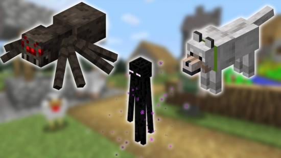 Minecraft mobs: a screenshot of Minecraft is in the background, while the foreground shows images of Minecraft versions of a wolf, a spider, and the tall black enemy known as the ender man