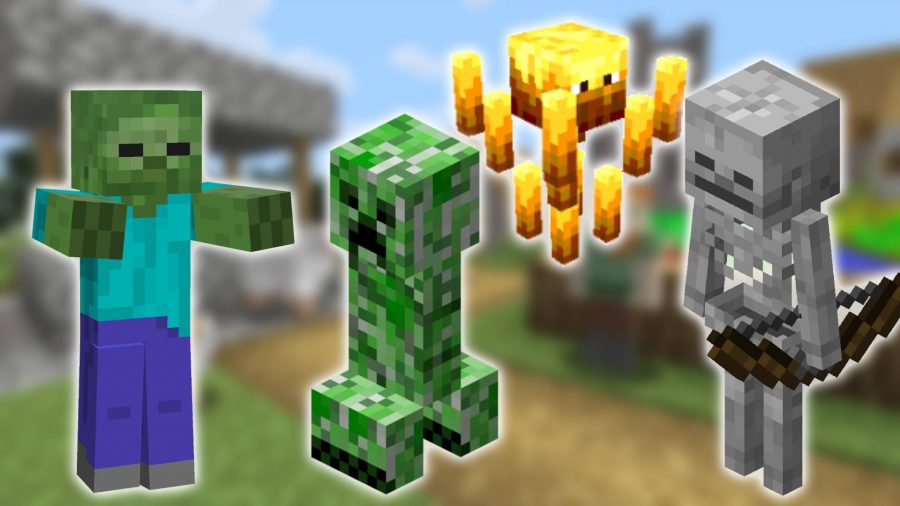 Minecraft mobs: a screenshot of Minecraft is in the background, while the foreground shows images of Minecraft versions of a zombie, a skeleton, the green enemy known as a creeper, and the floating flame enemy known as blaze
