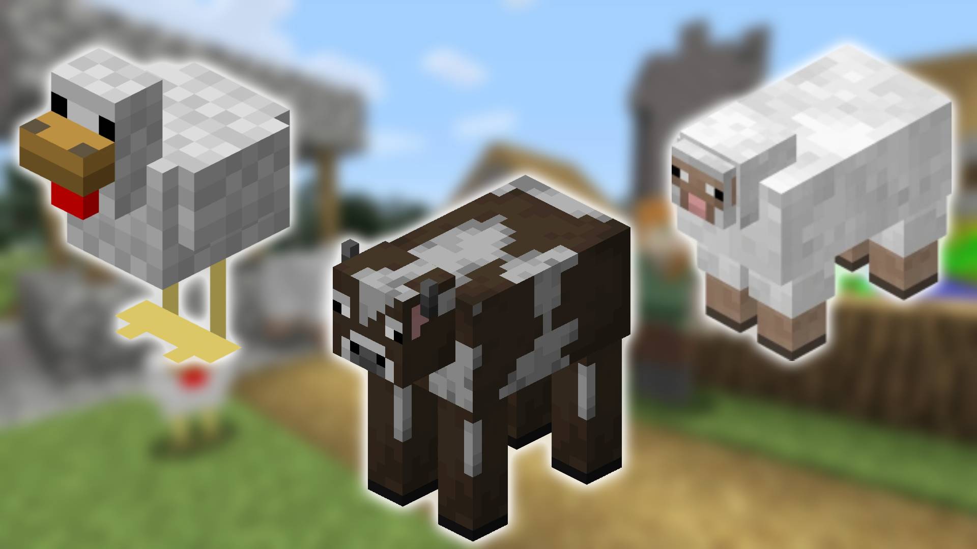 Minecraft mobs: a screenshot of Minecraft is in the background, while the foreground shows images of Minecraft versions of a chicken, a cow, and a sheep