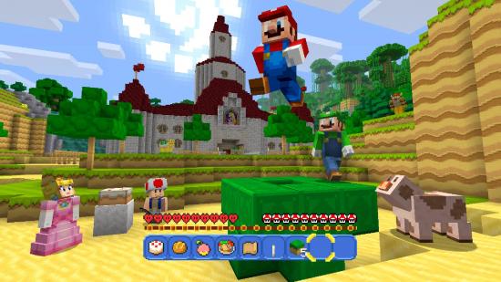 Minecraft skins: Several characters from the Mushroom Kingdom, including Mario, are visible in the Minecraft style