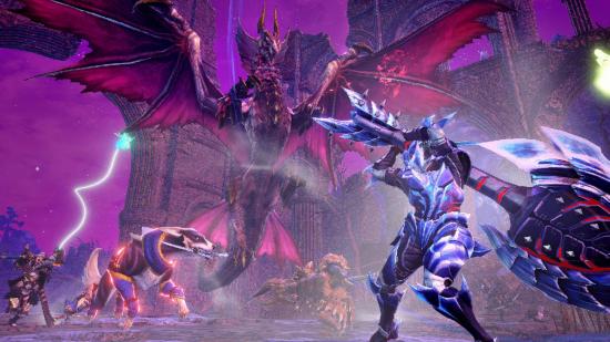 Multiple fantasy-dressed hunters facing up to a massive pink dragon known as a Malzeno in Monster Hunter Rise: Sunbreak. Each hunter has a different weapon, like a glaive and a hammer, while the dragon is large and various shades of red, wings aloft, floating just above the ground near them.
