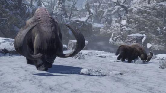 Screenshot of a popo mammoth with it's massive antlers from Monster Hunter Rise