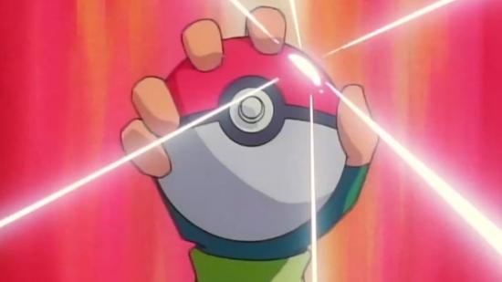 A pokeball being held in the air by Ash, taken from the gotta catch em all theme song
