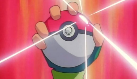 A pokeball being held in the air by Ash, taken from the gotta catch em all theme song
