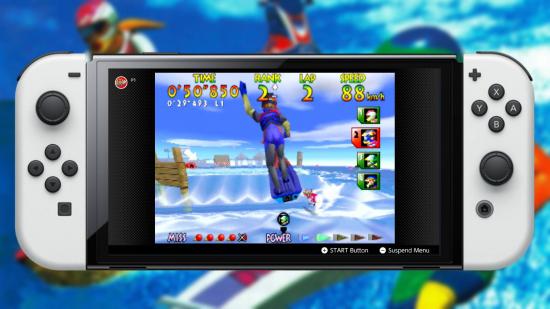 Nintendo Switch Online N64 games: A screenshot for Wave Race 64 is visible on a Nintendo Switch OLED model