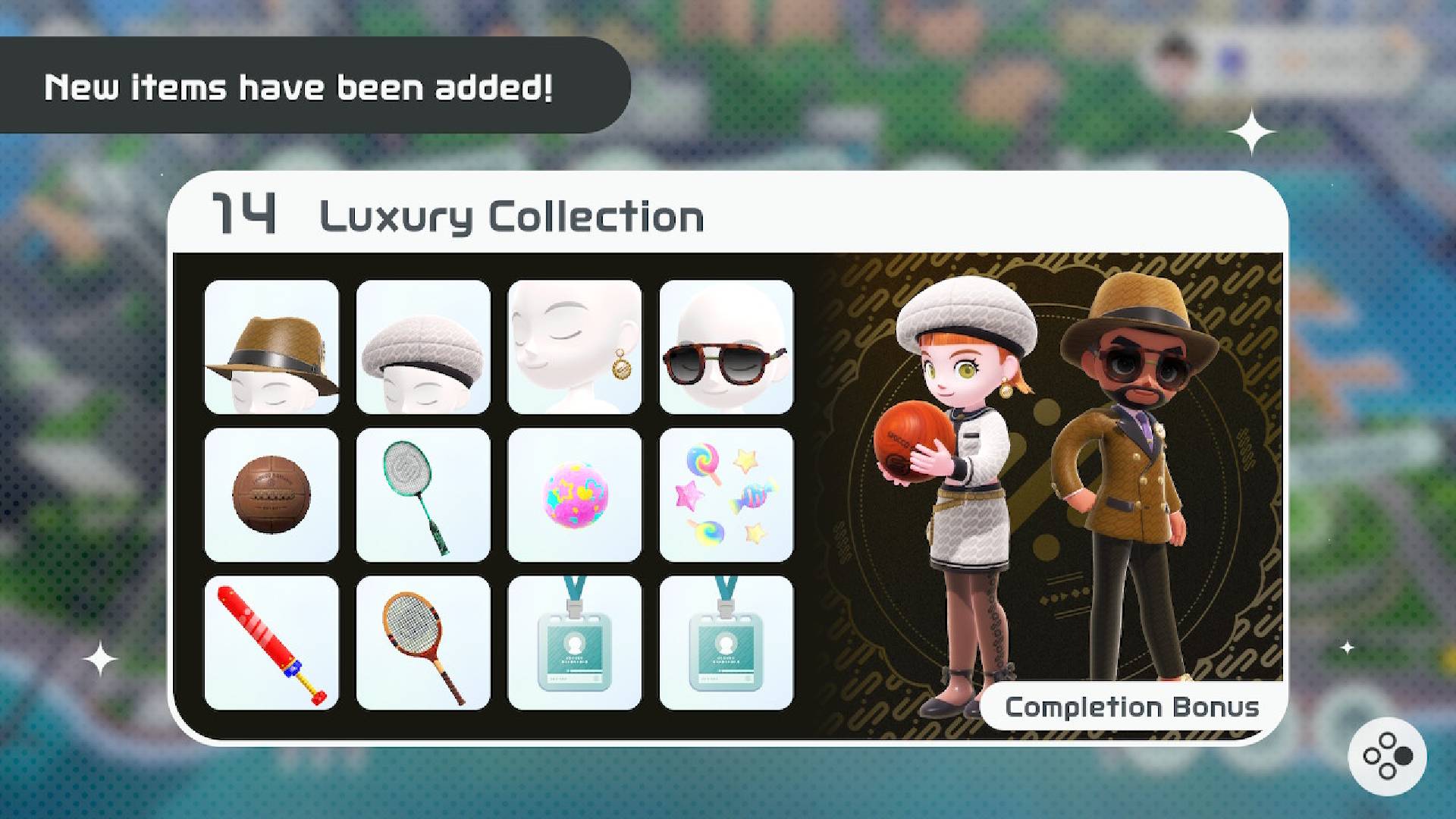 Nintendo switch sports cosmetics: A menu shows a variety of clothes for a nintendo Switch Sports avatar, themed around luxury