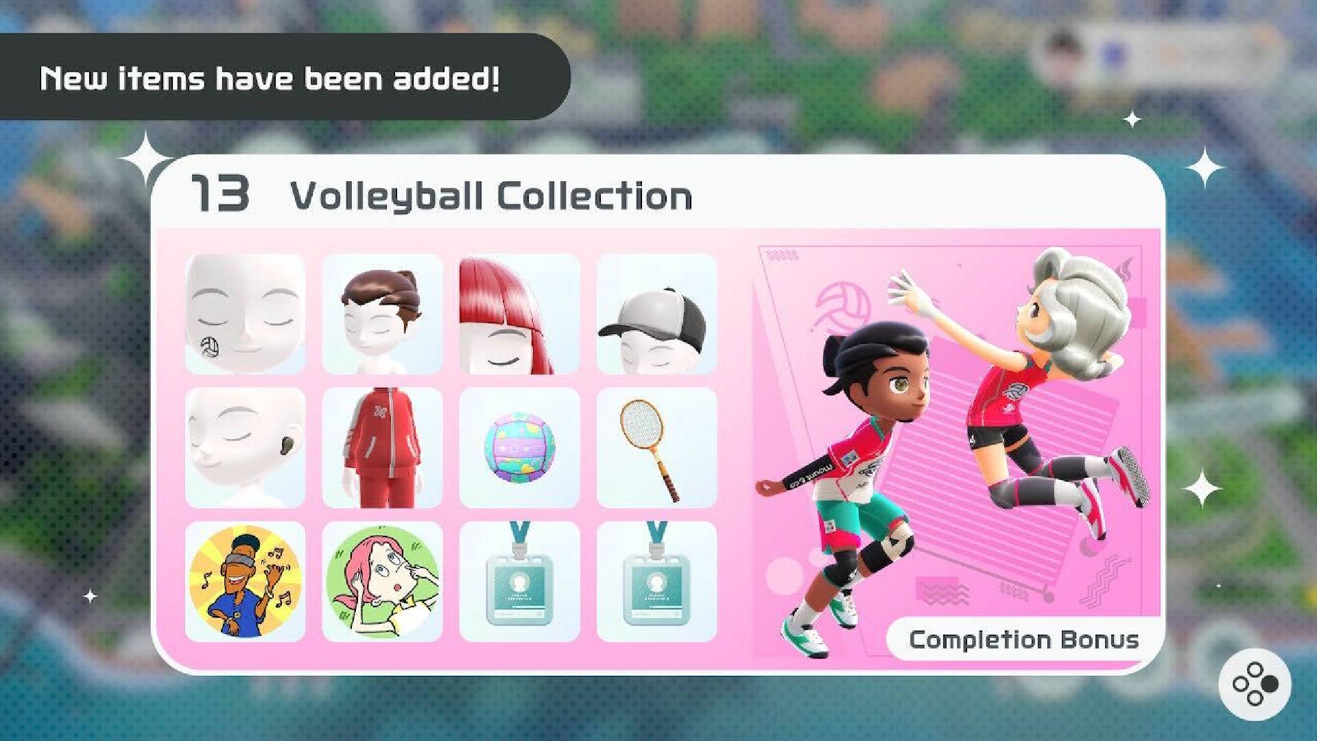 Nintendo switch sports cosmetics: A menu shows a variety of clothes for a nintendo Switch Sports avatar, themed around Volleyball