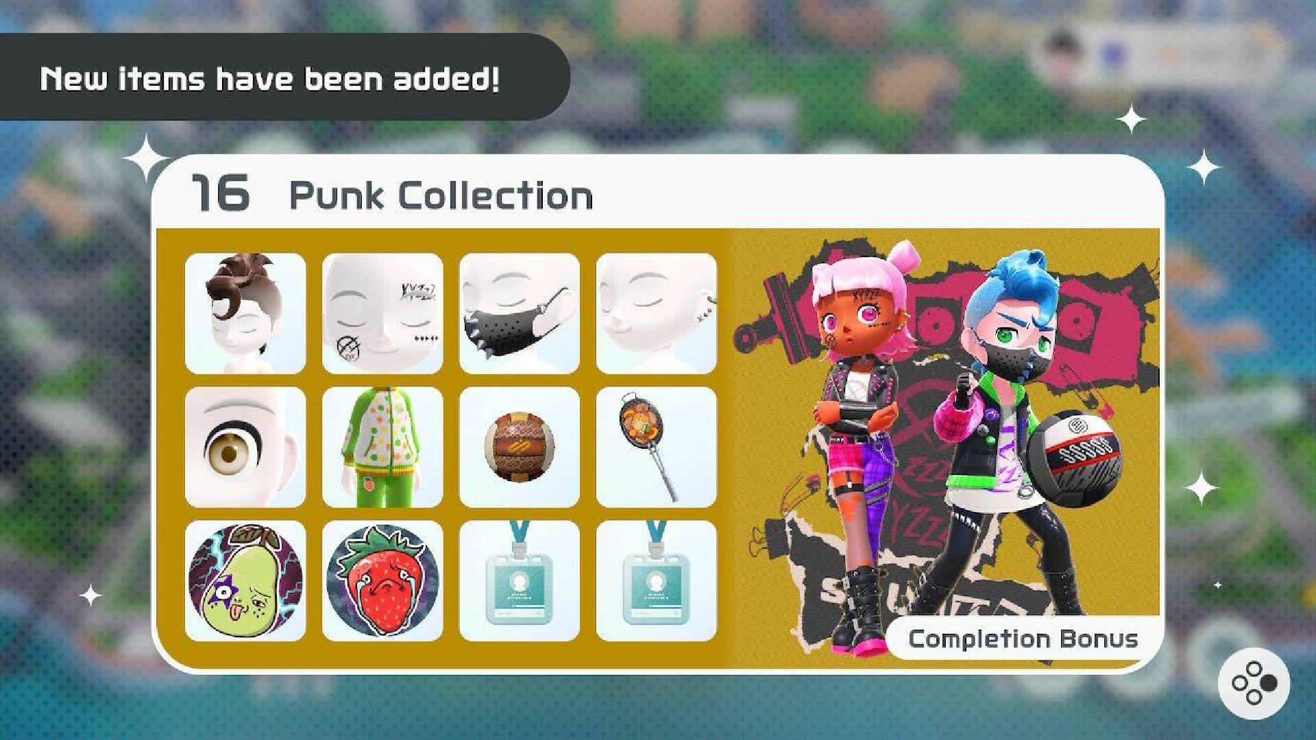 Nintendo Switch Sports cosmetics: a menu shows a variety of clothing options, based on the theme of punk