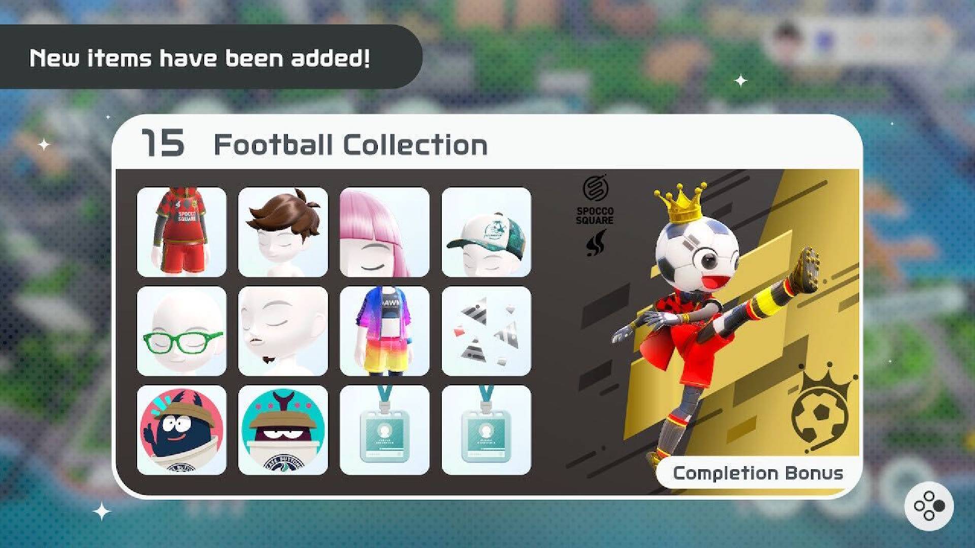 Nintendo Switch Sports cosmetics: a menu shows a variety of clothing options, based on the theme of football