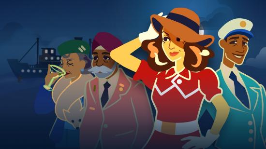 Characters from the video game Overboard drawn in a cartoony 2D art style. The main character is a woman with brown hair and a red dress. To her left, an older man with a big moustache and a pink suit, a woman sipping a martini who has green hair. On her left, another man in a suit but this time blue. He is wearing a ship captains hat.