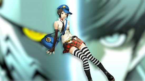 Persona 4's Marie. She's wearing black and white knee high socks with black boots, a blue cap, a red and black skirt, and a white sleeveless shirt. She has a blue messenger bag over her shoulder and long black fingerless gloves up to her elbows. She looks like she's leaning on something is this specific character art.
