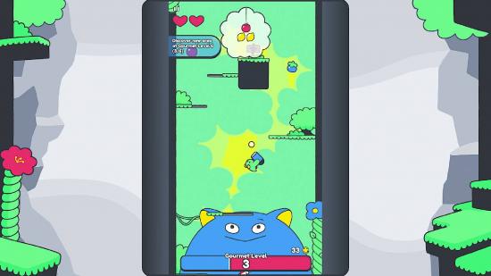 Poinpy review: A little blue ball of a guy aims to jump upwards, with several fruit visible and a giant blue cat at the bottom of the screen