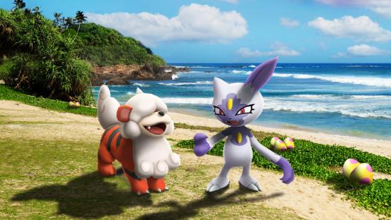Hisuian Growlithe and Hisuian Sneasel on the beach to celebrate the Pokemon Go Hisuian Discoveries event