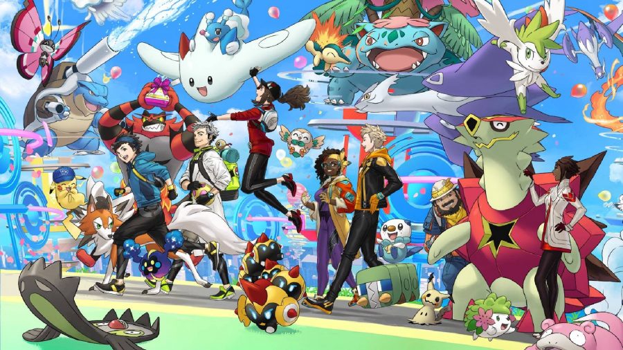 A group of Pokémon and trainers