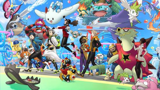 Pokemon Go sixth anniversary Niantic interview: Key art from Pokemon Go shows several characters and trainers walking along a path