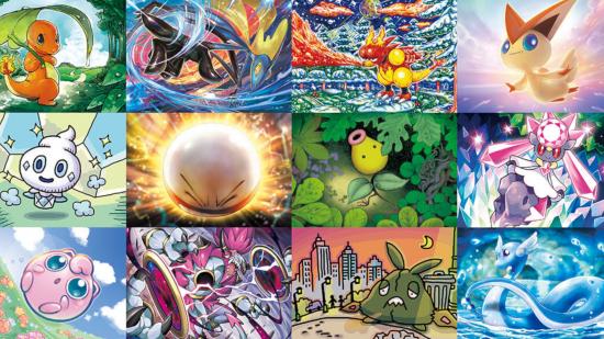A collage of card art featuring at Pokémon TCG Online Exhibition, including Electrode, Charmander, Trubbish, and many more