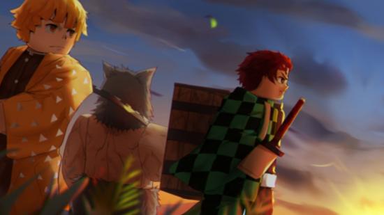 Three characters in art for Project Slayers. In the middle is a person with short brown hair, a large box on their back, and a sheathed sword on their hip, looking into the distant red sky. Next to them on the left is a character with their back to us, and what looks like animal ears on the top of their head. On the furthest left is a blonde character, looking into the distance too.