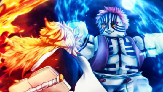 Two Project Slayers clan members fighting, one is using fire and the other is using ice to determine who the best is in our Project Slayers tier list