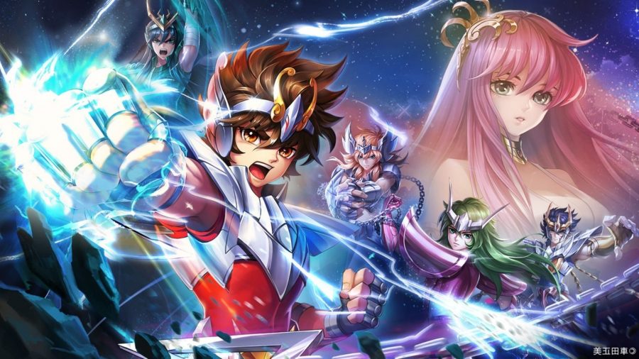 Art for Saint Seiya: Legend of Justice, featuring a young man with brown hair in a chrome and red futuristic armour. In the sky is a woman with long pink hair, and around them are various other characters, all futuristic in their aesthetic.