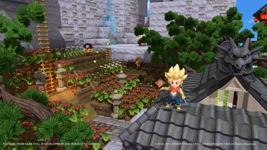 Sandbox games: a male presenting character with blond spiky hair stands proudly in front of a large farm 