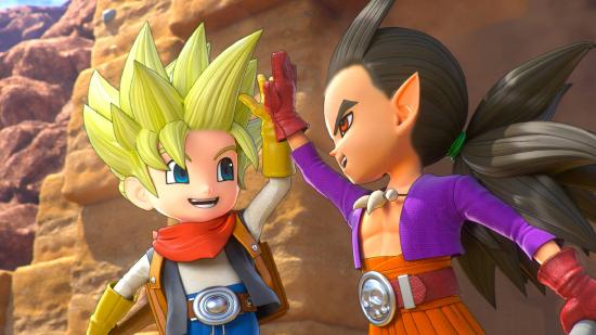 Sandbox games: a character with blond spiky hair high fives a character with black spiky hair