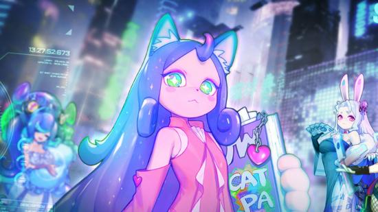Art for the Space Leaper Cocoon announcement showing an anthropomorphised creature with purple hair long down her back, pointy cat ears on the top of her head, and a pink, futuristic outfit on. She is holding a book in her hand. In the background a city lit in neon is clouded.