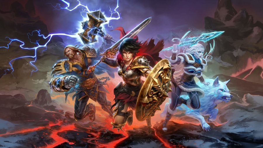 Promo art of Smite gods wagin war across the screen, including Athena and her mighty shield