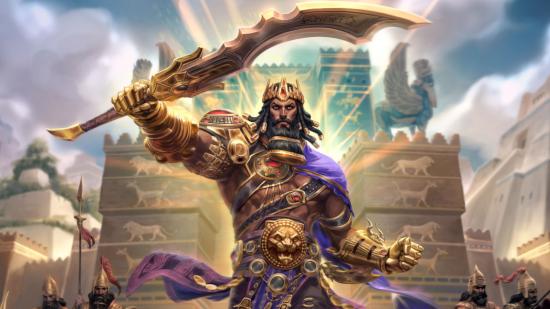 Smite servers guide header image of gilgamesh in full gold armour leaving his castle with his mighty sword in hand