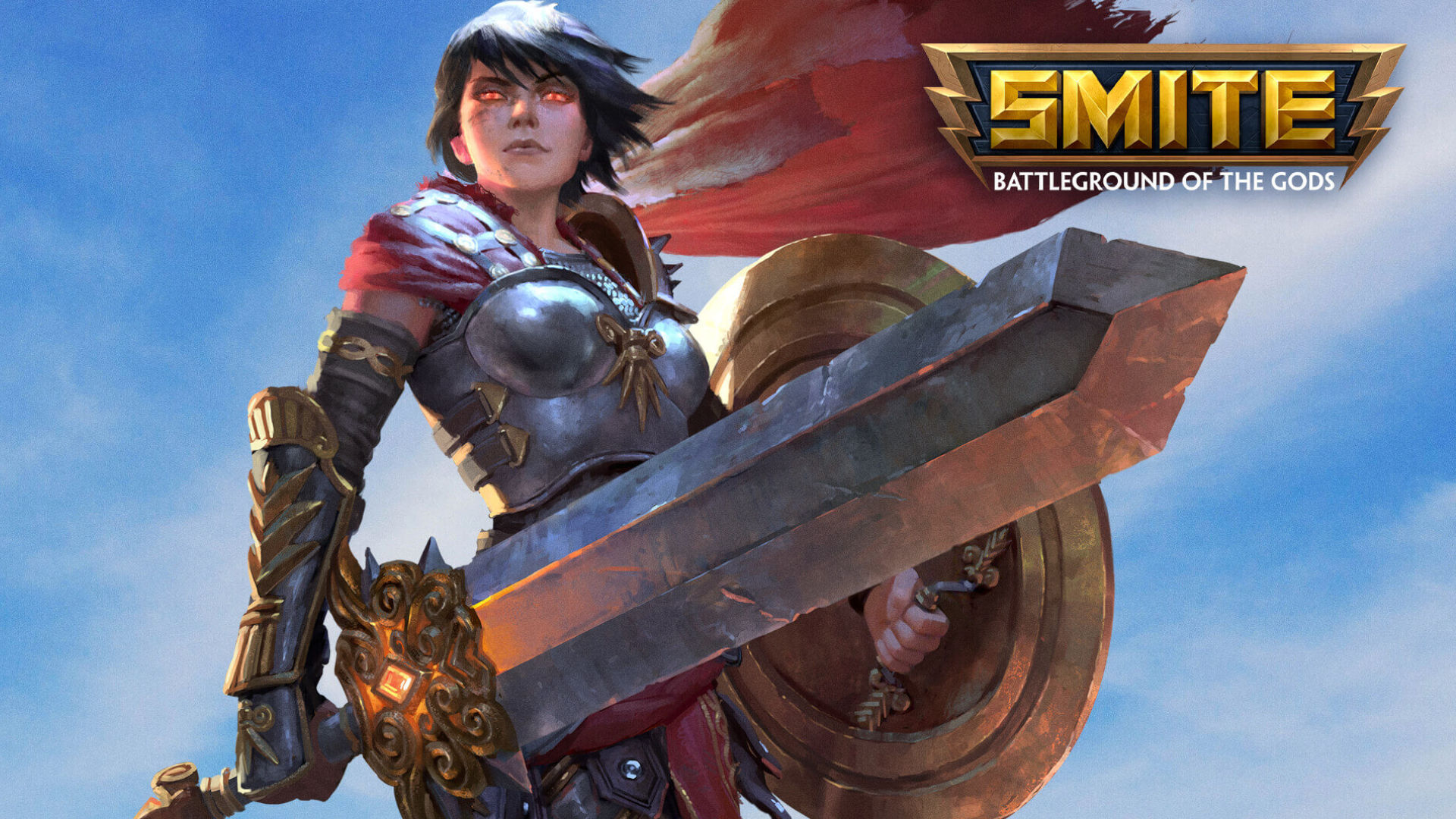 Smite key art of a warrior with her massive sword, shield, and red cape, looking into the distance