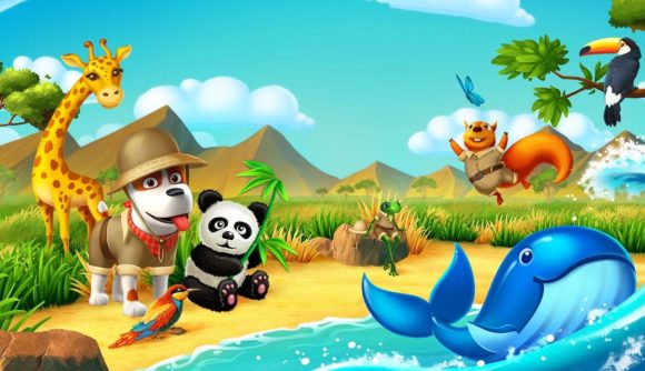 The solitaire grand harvest dog takes a safari adventure vacation with a giraffe, panda, whale, and other exotic animals