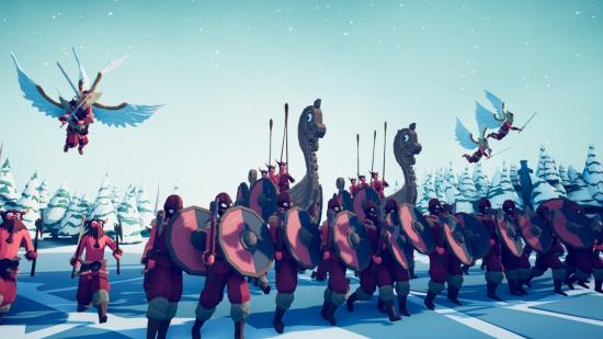 An army of TABS warriors walks through an icy and snowy field preparing to face another army