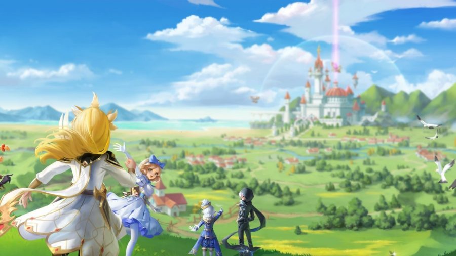 Art for Tales Noir showing a green plain with a fantasy castle in the distance. In the foreground are various fantasy characters, one blonde in a white fluffy dress, one with slightly darker hair in a similar dress but blue, and a couple more characters further in the distance.