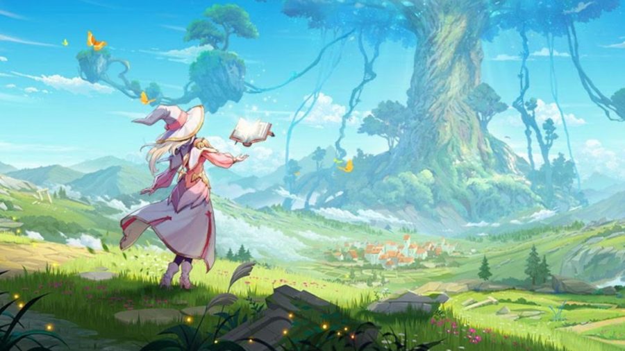 A girl dressed as a wizard looking at a tree in the distance