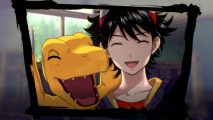 Visual novel games - a yellow dinosaur called Agumon and a dark-haired teen taking a selfie together