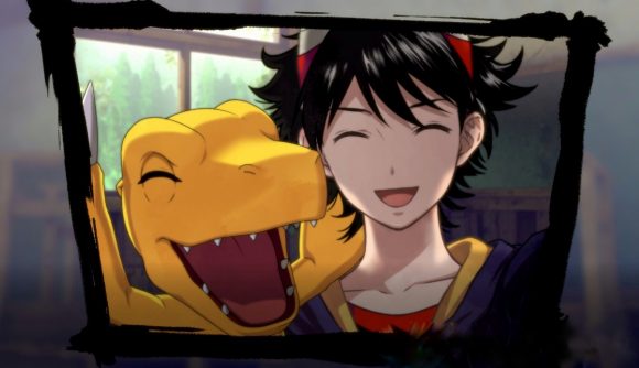 Visual novel games - a yellow dinosaur called Agumon and a dark-haired teen taking a selfie together