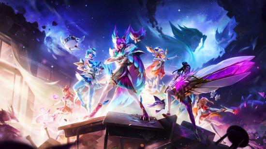 A group of Wild champions all stood in Stargazer attire in front of a spacey background, and they're all wielding their weapons though Wild Rift Ascended Stargazer Karma is missing