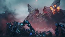 Cutscene from Xenoblade Chronicles 3 showing a giant whit mech, shrouded in red dust, looking down on smaller black and blue mechs, mid-battle.
