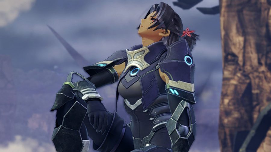 Ashera from Xenoblade Chronicles 3, knee up, arm rested on it. She is a woman with black hair, in a futuristic black and blue outfit.