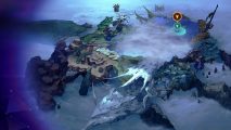 The Xenoblade Chronicles 3 map, showing various mountain ranges, with one section clearly blurred by clouds.