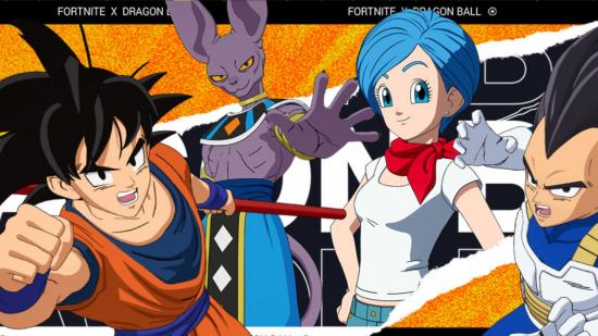 Goku, Vegeta, Bulma, and Beerus from Dragon Ball Super for the current Fortnite Dragon Ball crossover. On the left is Goku, a man with crazy black hair and a hot orange jumpsuit (also big ol' muscles), next to him is Beerus, a cat man with big ears and a sorta Egyptian outfit. Their ears are massive. Next to them is Bulma, a woman with blue hair, red neck scarf, white tank top, and arms on hips. On the right is Vegeta, black haired crazily but with a kinda receding hairline, white and blue outfit, and a white-gloved hand looking like it's about hit something.
