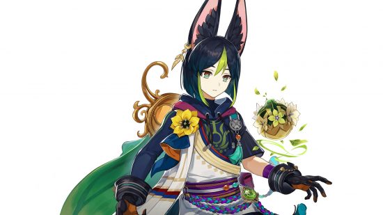 Genshin Impact Character List List - Een jongen met konijnenoren en een zwevende bal van bloemen
