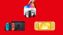 A Nintendo Switch OLED model being pulled out of a white dock, with two white joy-con controllers in the joy con grip resting in front of the dock, alongside a docked standard Switch with blue and red joy con controllers in their grip next to it, and a yellow Nintendo Switch Lite all on its own on the other side.